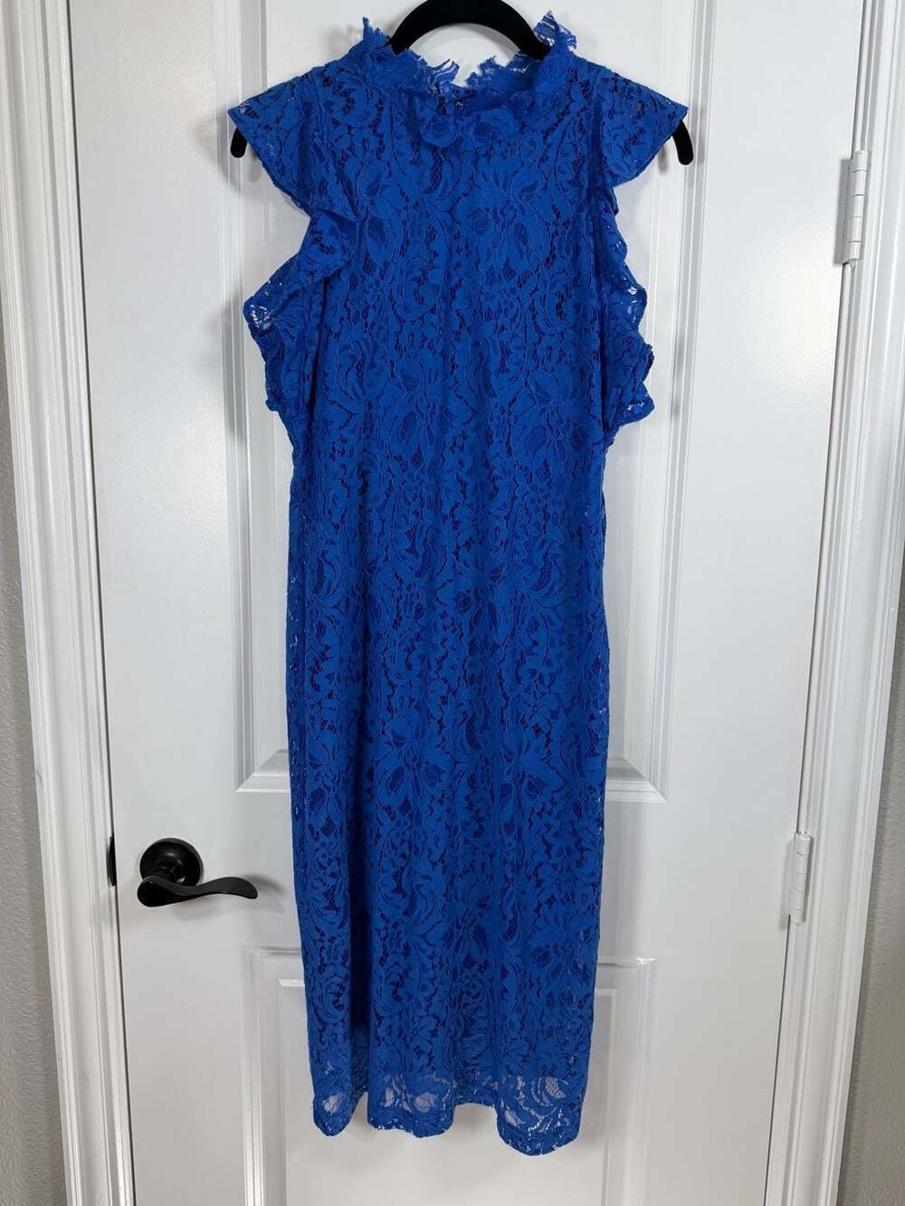Alexia Admor New York Royal Blue Floral Lace Ruffle Cap Sleeve Sheath Dress
